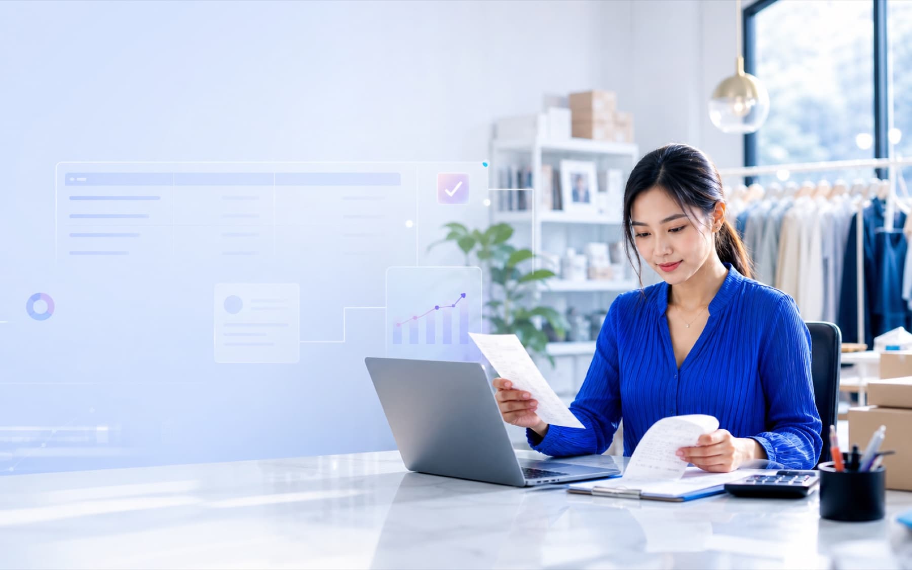 Chủ doanh nghiệp kiểm tra sổ sách và dữ liệu tài chính trên SellWonder