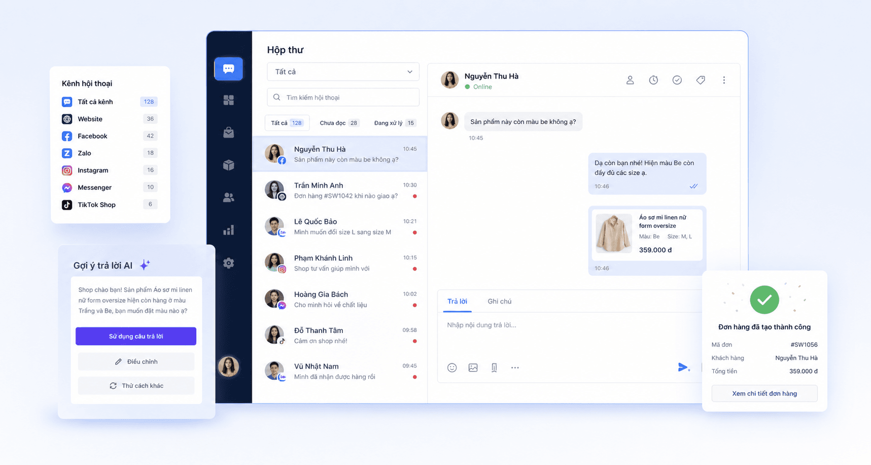 Giao diện hộp thư chat đa kênh AI SellWonder
