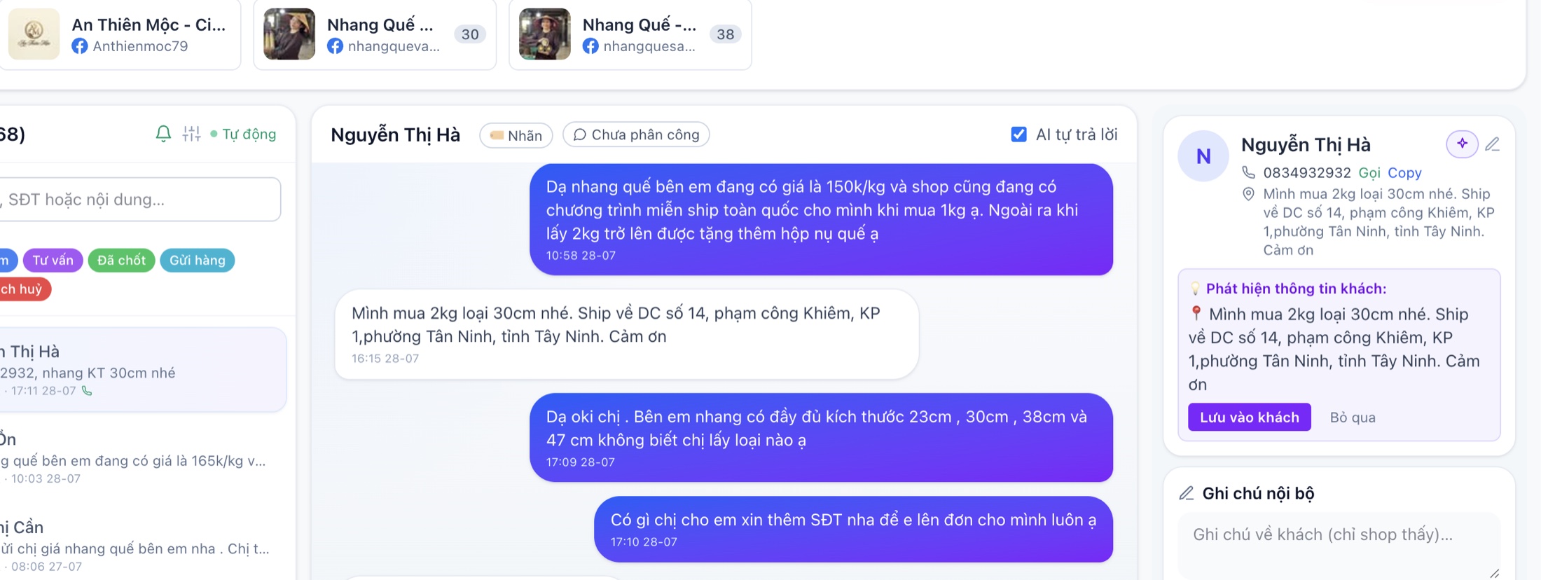 Giao diện quản lý hội thoại mạng xã hội thật trong SellWonder